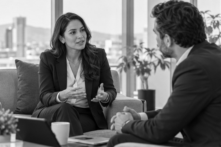 Reunión uno a uno entre una profesional y un colaborador